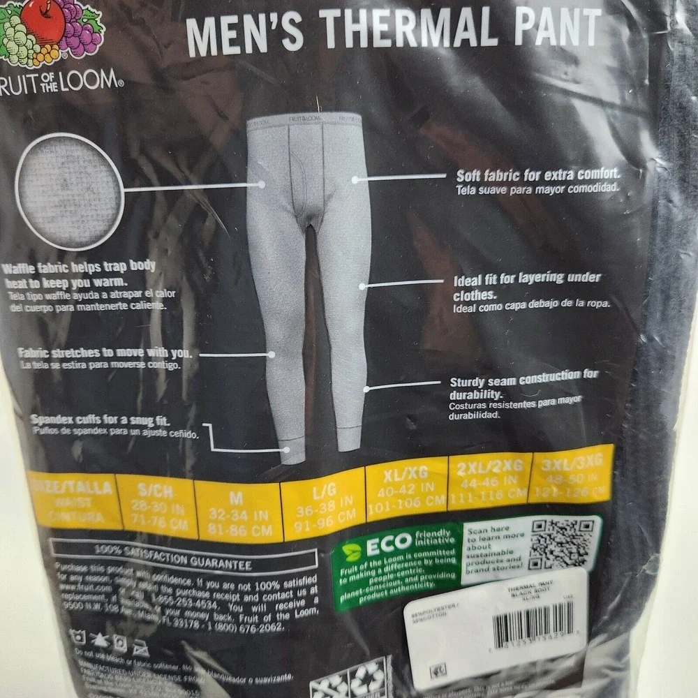 Fruit of the Loom MEN'S XL‎ Thermal Black Underwear Bottom Pants Long Johns